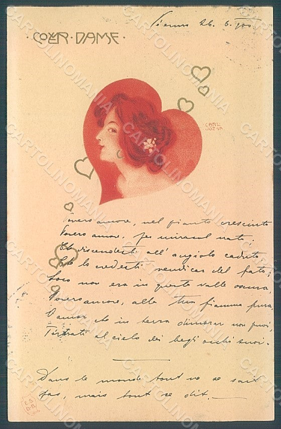 Artist Signed Jozsa Carl Lady Art Nouveau Coeur Dame postcard HR2199 – fronte