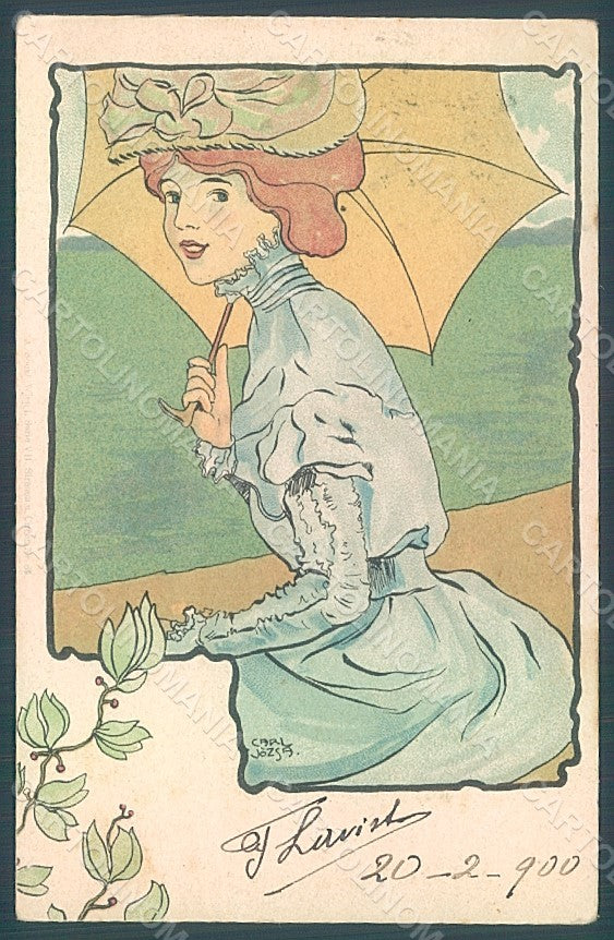 Artist Signed Jozsa Carl Lady Art Nouveau Umbrella WRINKLES postcard HR2201 – fronte