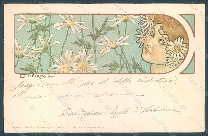 Artist Signed Docker E. Lady Art Nouveau Daisy Flowers WRINKLE postcard HR2204 – fronte