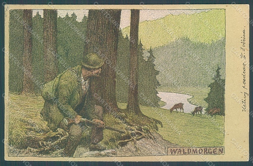 Artist Signed Hey Paul Hunter Deer Waldmorgen postcard HR2205 – fronte