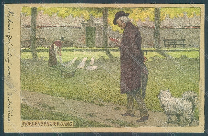 Artist Signed Hey Paul Man Spitz Dog Morgenspaziergang postcard HR2206 – fronte