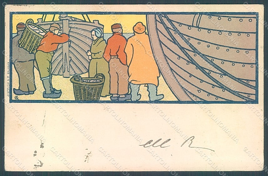 Artist Signed Combaz Art Nouveau Boats and Fishermen WRINKLES postcard HR2208 – fronte