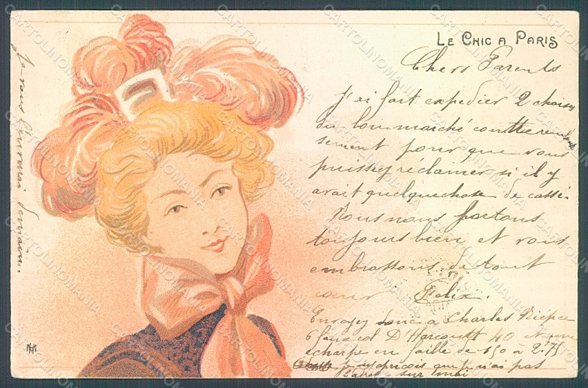 Artist Signed Meunier H. Lady Art Nouveau Chic a Paris CREASES TEARED pc HR2214 – fronte