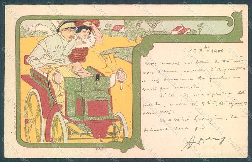 Artist Signed Mignot Lady Art Nouveau Car CORNER CREASE postcard HR2222 – fronte