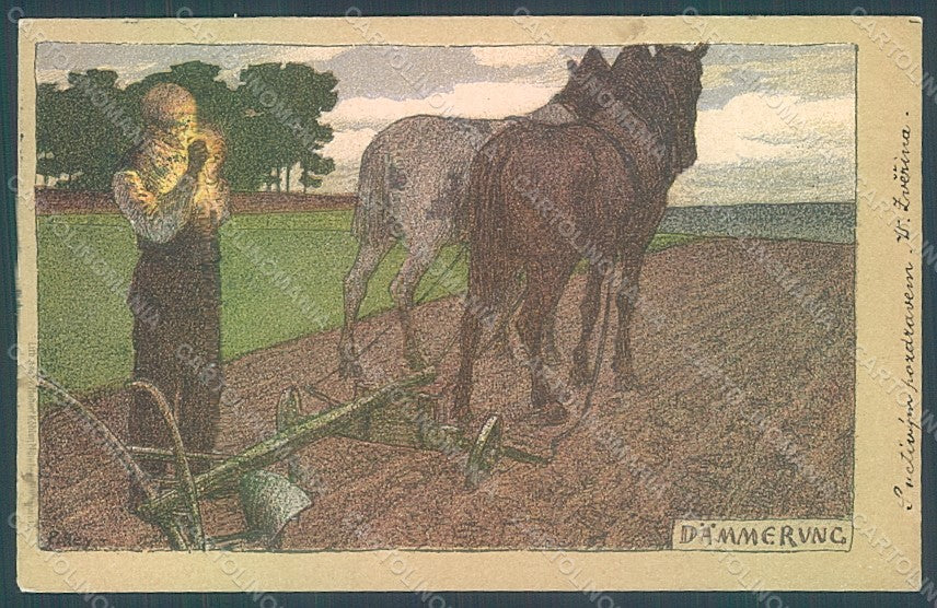 Artist Signed Hey Paul Man Plowing Horse Dammerung CORNER CREASE postcard HR2224 – fronte