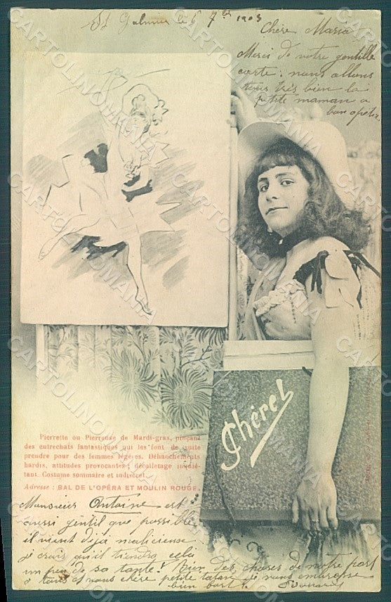 Artist Signed Lady Art Nouveau Cheret Pierrette Bal Opera Moulin Rouge pc HR2263 – fronte