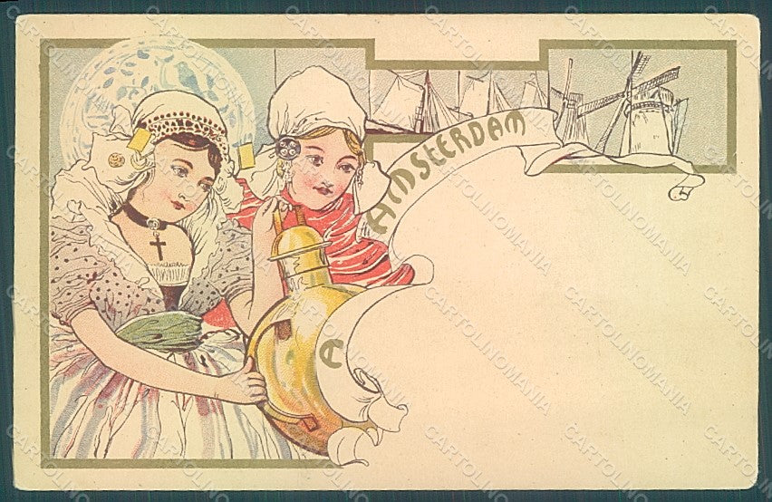 Artist Signed Toussaint Lady Art Nouveau Amsterdam CORNER CREASE postcard HR2264 – fronte