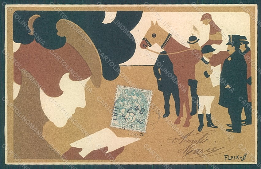 Artist Signed Laskoff Lady Art Nouveau Horse Race CORNER CREASE postcard HR2273 – fronte