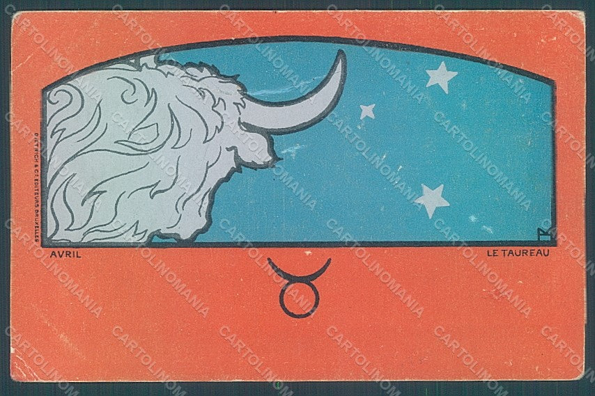 Artist Signed Meunier H. Art Nouveau Zodiac Signs Taureau HOLE CREASED pc HR2278 – fronte