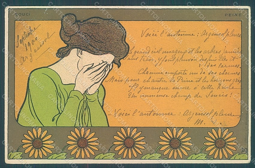 Artist Signed Meunier H. Lady Art Nouveau Souci Peine ABRADED postcard HR2280 – fronte