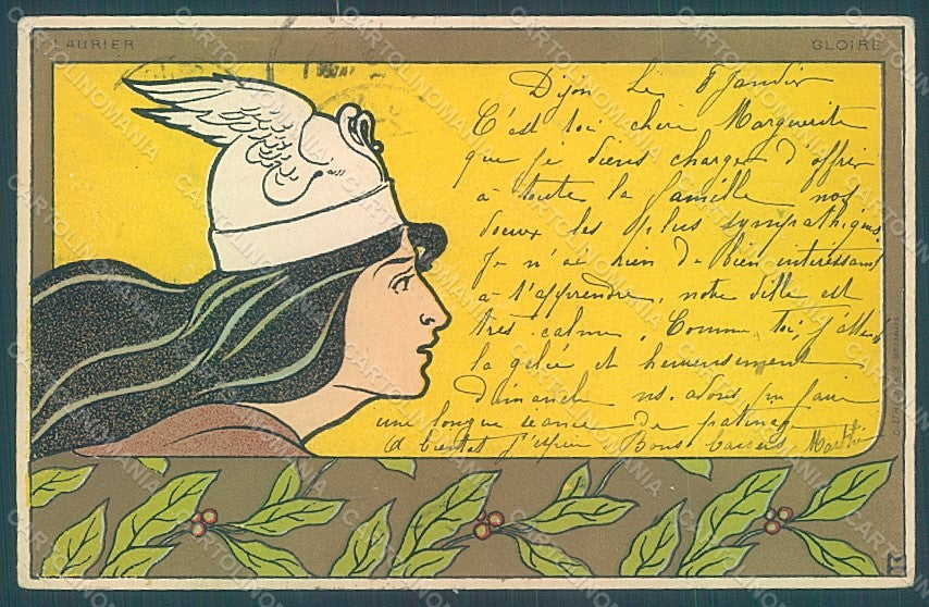 Artist Signed Meunier Lady Art Nouveau Laurier Gloire CORNERS CREASED pc HR2281 – fronte