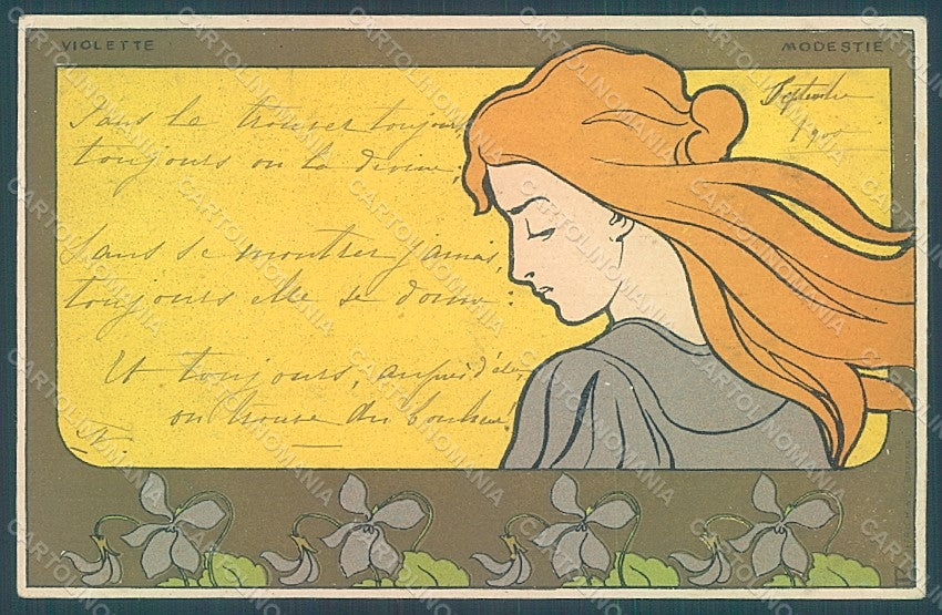 Artist Signed Meunier H. Lady Art Nouveau Violette Modestie ABRADED pc HR2282 – fronte