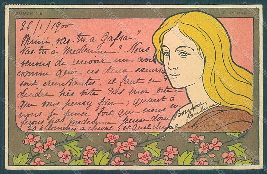 Artist Signed Meunier H. Lady Art Nouveau Aubepine Esperance WRINKLE pc HR2283 – fronte
