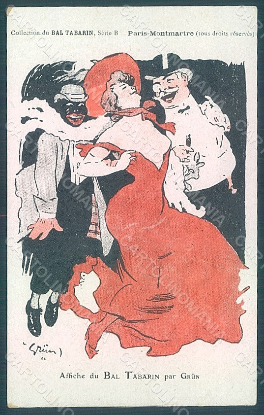Artist Signed Grun Lady Bal Tabarin Paris Montmartre CREASED postcard HR2297 – fronte