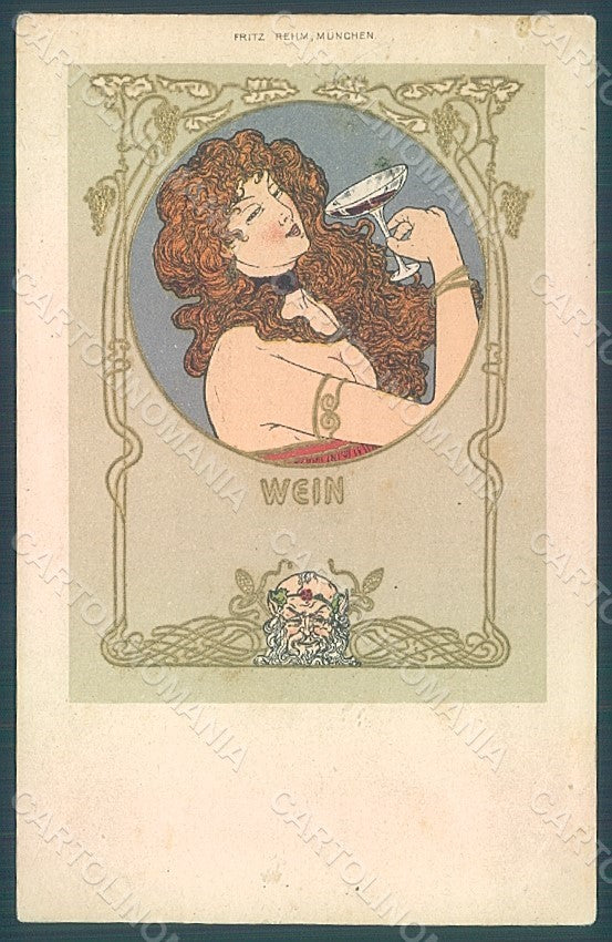 Artist Signed Lady Art Nouveau Wine Wein Toasting Fritz Rehm ABRADED pc HR2311 – fronte