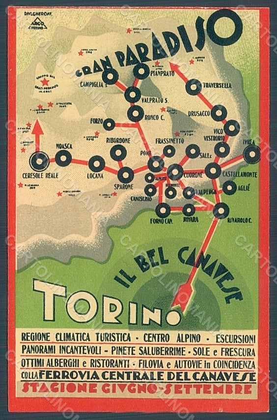 Artist Signed Diulgheroff Canavese Gran Paradiso Italian Tourism Map pc HR2322 – fronte