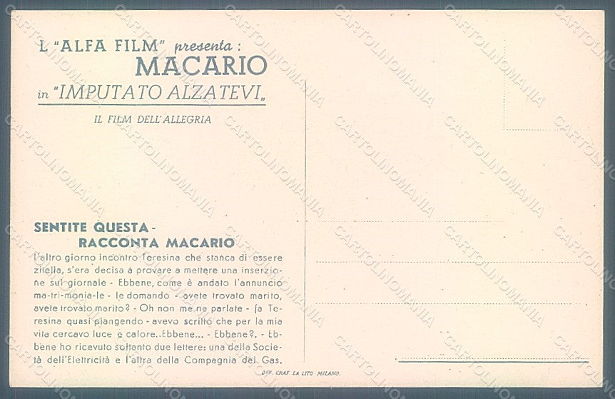 Artist Signed Onorato Onor Macario Comic Actor Movie postcard HR2345 – retro