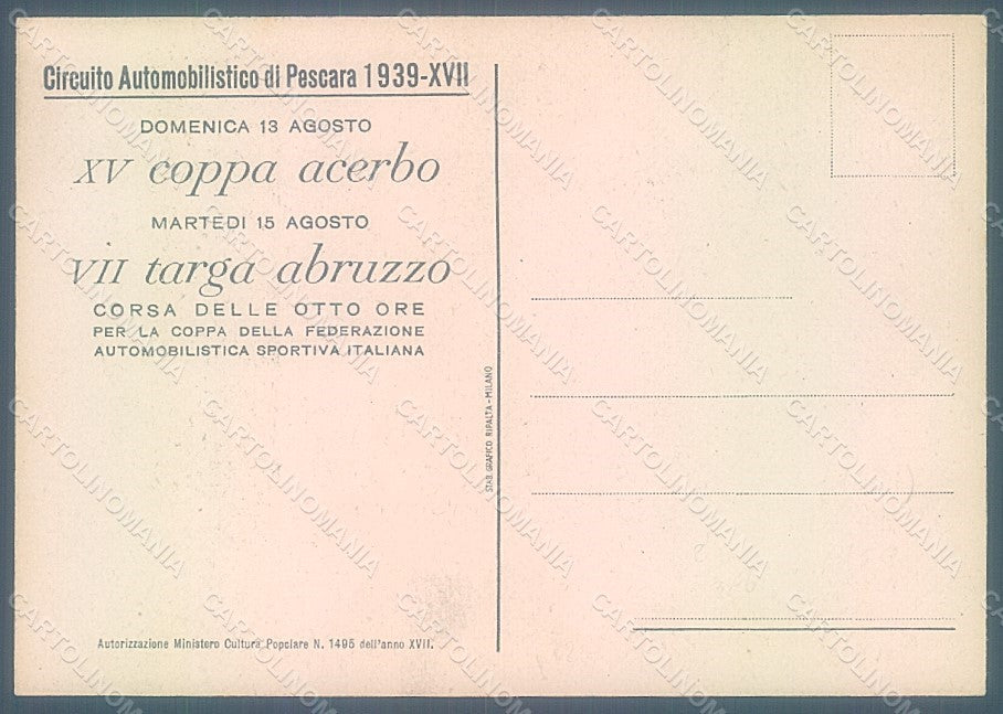 Artist Signed Pennetta Automobile Circuit Coppa Acerbo Pescara 1939 FG pc HR2348 – retro