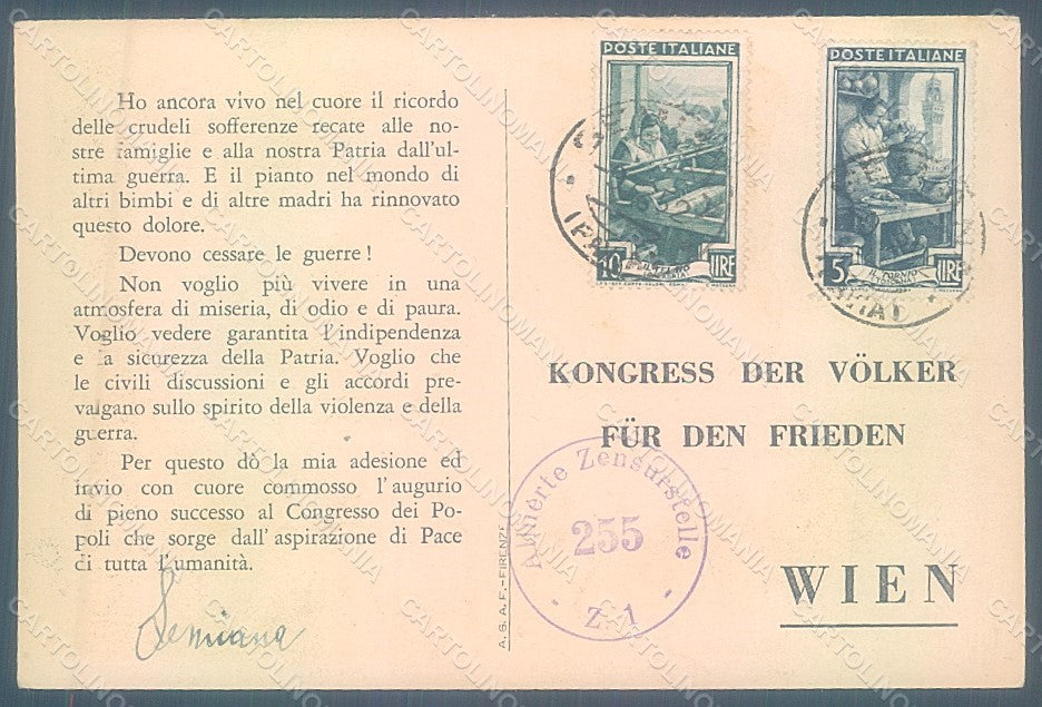 Artist Signed Purificato Lady Dove Wien Congresso Popoli Pace 1952 FG pc HR2391 – retro