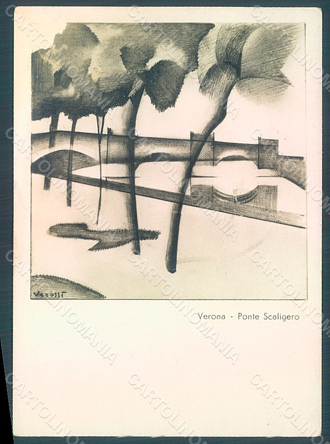 Artist Verossi Futurism Verona Ponte Scaligero ABRADED FG postcard HR2394 – fronte