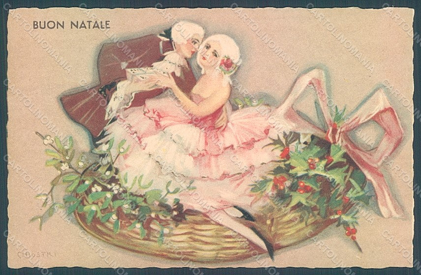 Artist Signed Chiostri Couple Lady Christmas serie 340 postcard HR2428 – fronte