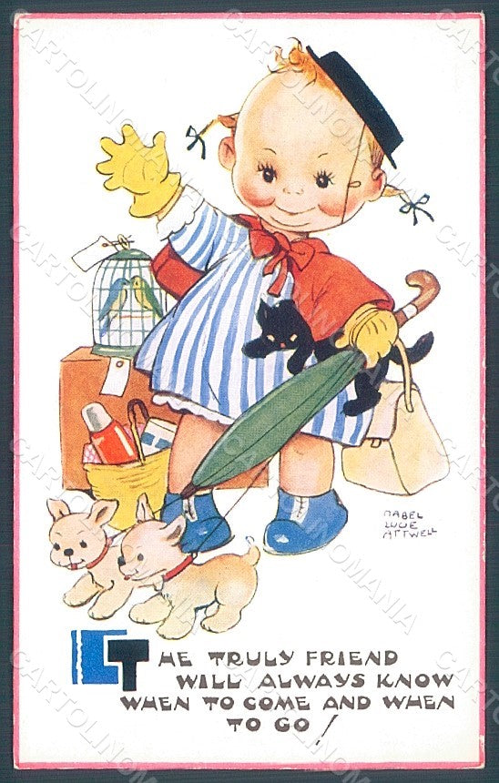 Artist Signed Attwell M. L. Girl Dog Cat Bird Valentine 5503 postcard HR2521 – fronte