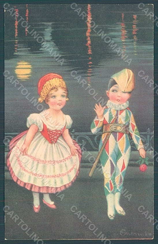 Artist Signed Colombo E. Children Harlequin Columbine serie 2058 postcard HR2678 – fronte