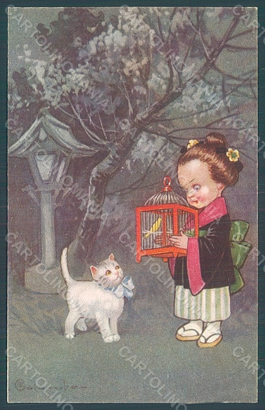 Artist Signed Colombo E. Girl Geisha Cat serie 1982-3 postcard HR2692 – fronte