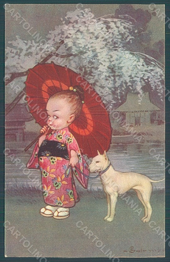 Artist Signed Colombo E. Girl Geisha Dog serie 1982-4 postcard HR2694 – fronte