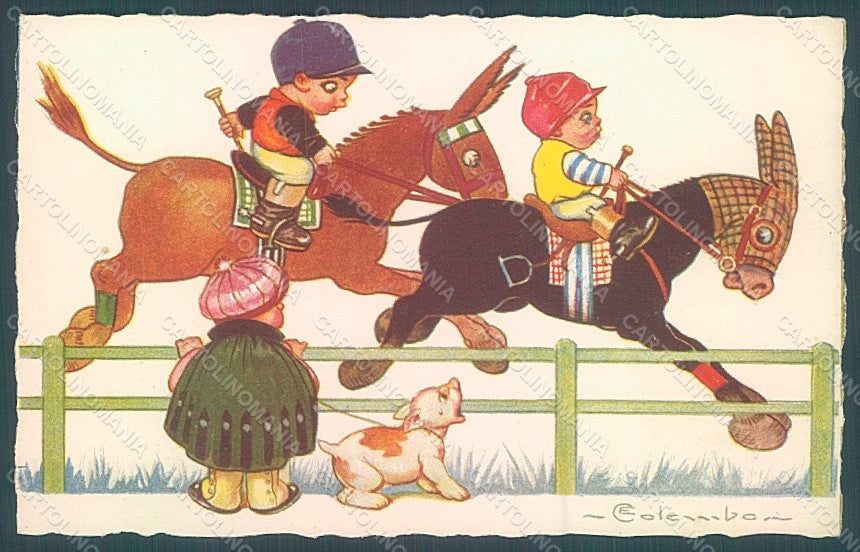 Artist Signed Colombo E. Children Horse Racing Dog serie 1847-3 postcard HR2741 – fronte