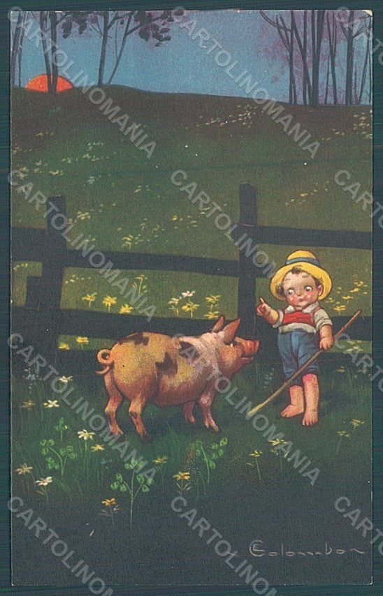 Artist Signed Colombo E. Boy Pig serie 1740-2 postcard HR2743 – fronte
