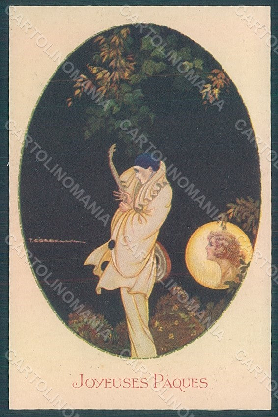 Artist Signed Corbella Pierrot Easter Lady Degami serie 668 postcard HR2759 – fronte