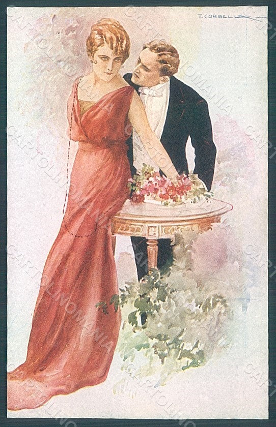 Artist Signed Corbella Glamour Couple Lady UNGLUED serie 225-3 postcard HR2855 – fronte