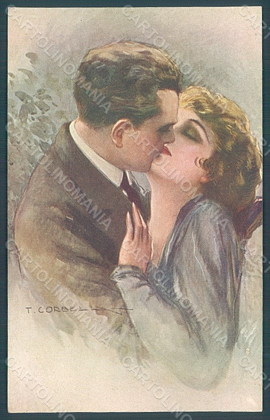 Artist Signed Corbella Glamour Kissing Couple Lady serie 334-2 postcard HR2886 – fronte