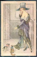 Artist Signed Bertiglia Risque Lady Dog Cat TEARED serie 99 postcard HR3273 – fronte