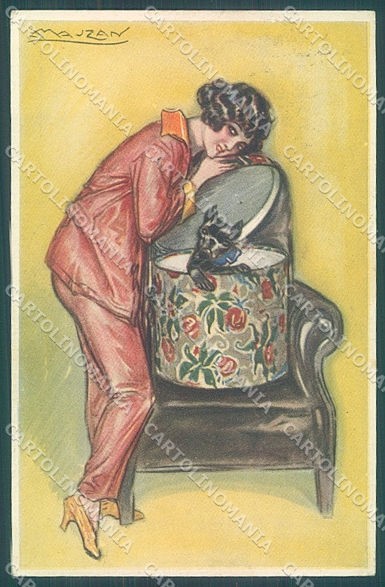 Artist Signed Mauzan Lady Mode Boston Terrier Dog serie 96-6 postcard HR3313 – fronte