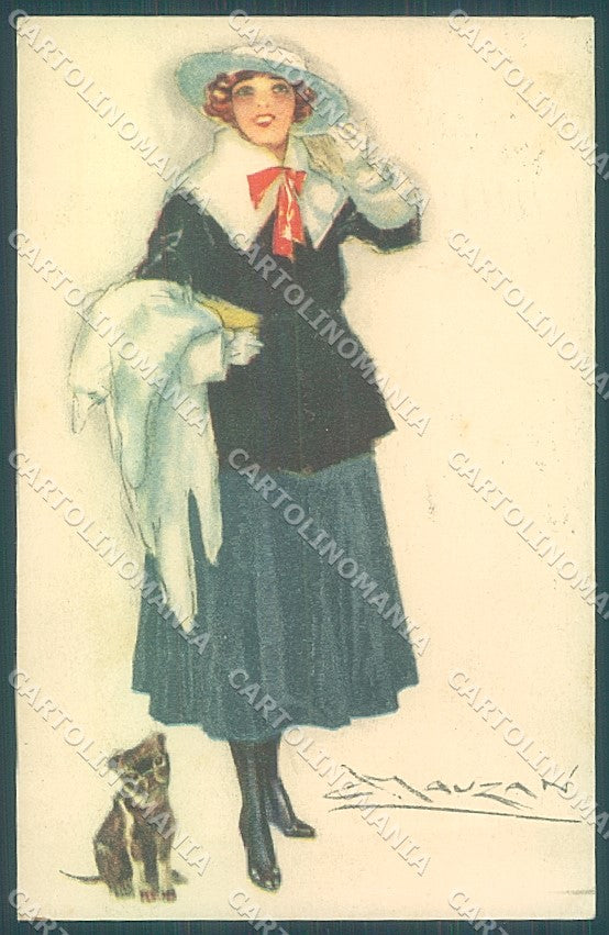 Artist Signed Mauzan Lady Mode Boston Terrier Dog serie 80-4 postcard HR3341 – fronte