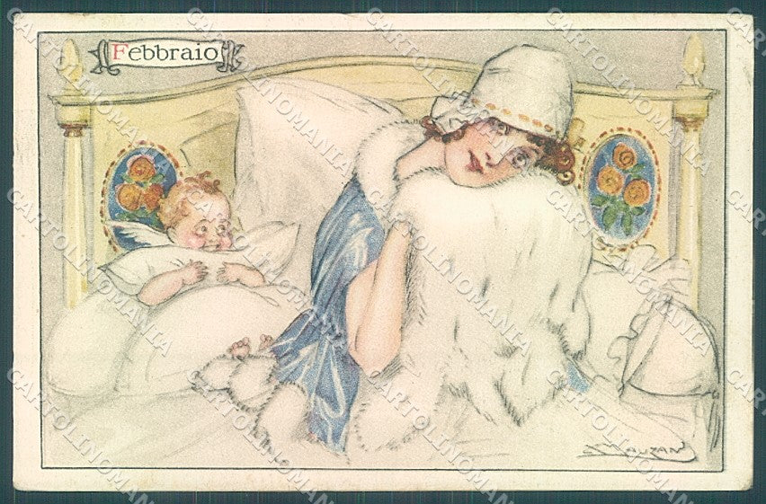 Artist Signed Mauzan Lady The Months CORNERS CREASED serie 13-2 postcard HR3347 – fronte