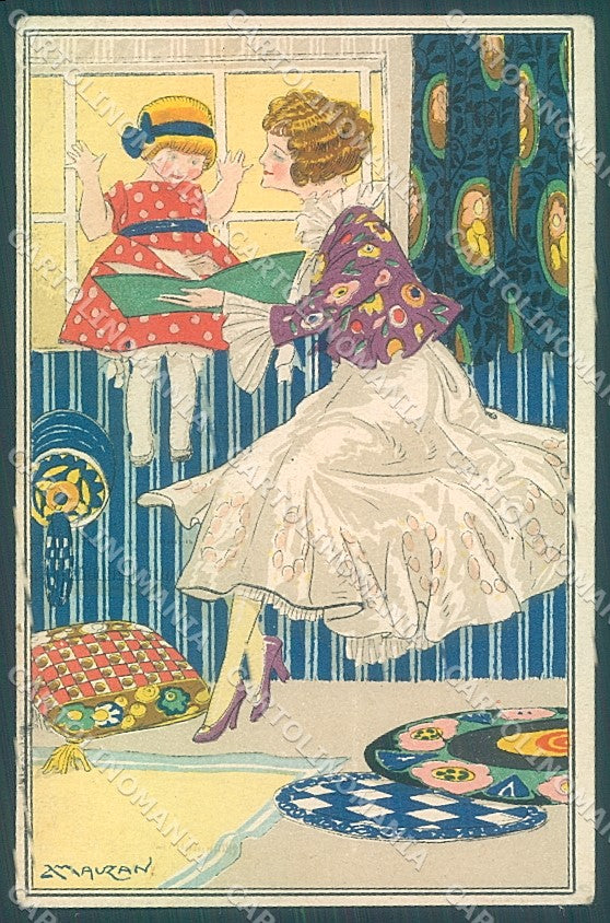 Artist Signed Mauzan Lady Mode Child UNGLUED CORNER serie 15-6 postcard HR3370 – fronte