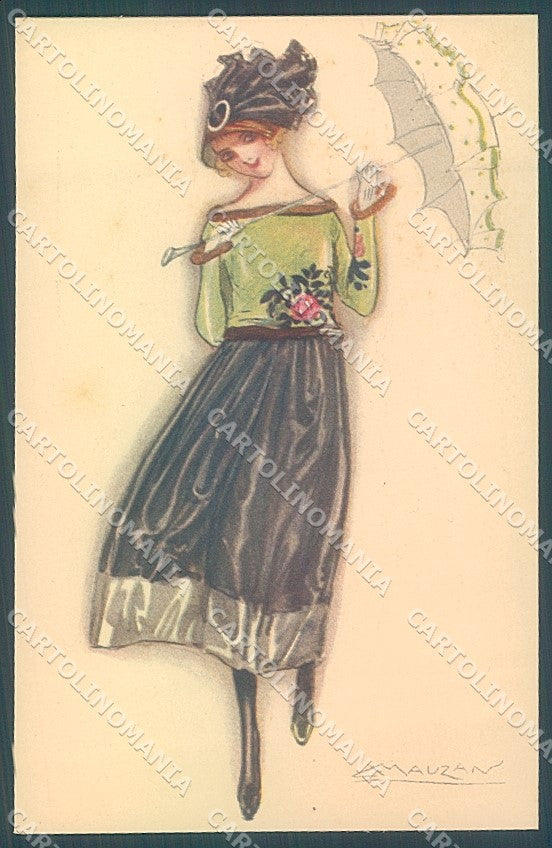 Artist Signed Mauzan Glamour Fashion Lady Mode Hat serie 46-5 postcard HR3427 – fronte