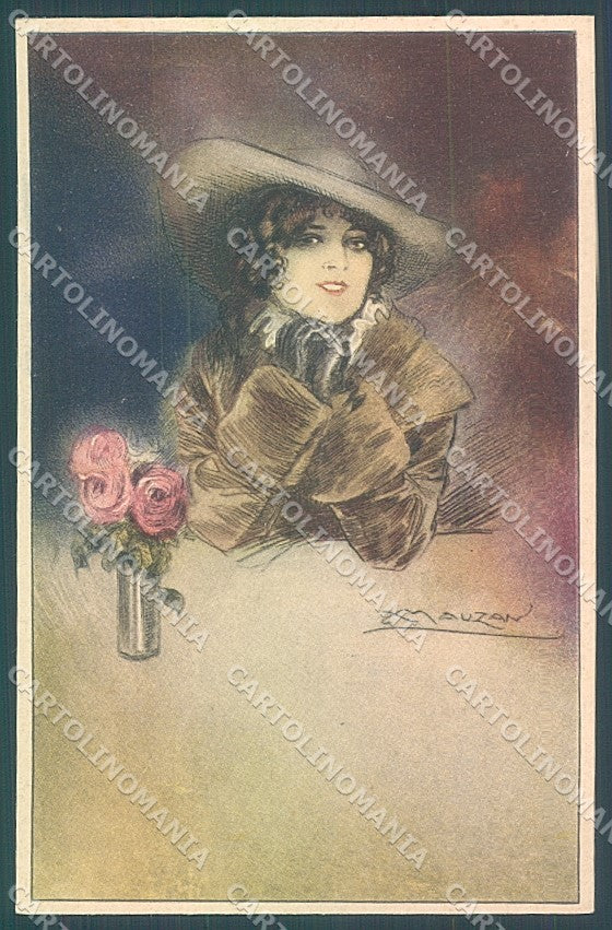 Artist Signed Mauzan Glamour Fashion Lady Mode Hat serie 230-5 postcard HR3445 – fronte