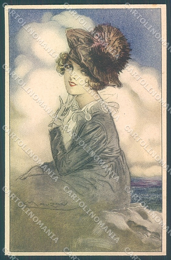 Artist Signed Mauzan Glamour Fashion Lady Mode Hat serie 230-6 postcard HR3446 – fronte