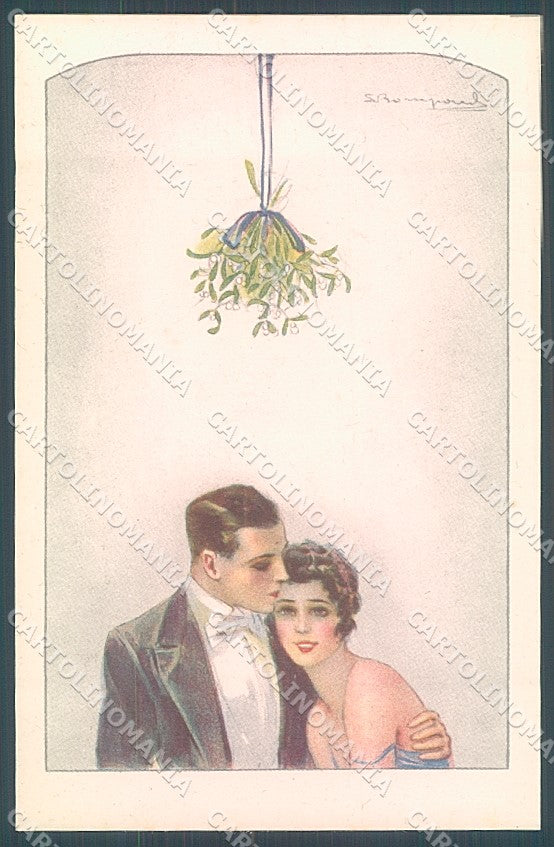 Artist Signed Bompard Lady Couple Mistletoe serie 568-2 postcard HR3578 – fronte