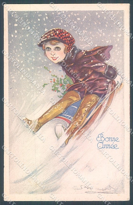 Artist Signed Bompard Child Christmas Sled serie 570-1 postcard HR3600 – fronte