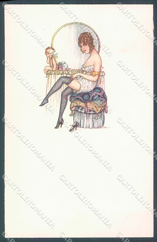 Artist Signed Busi Risque Lady Stocking Cupid Eros serie 2204 postcard HR3619 – fronte