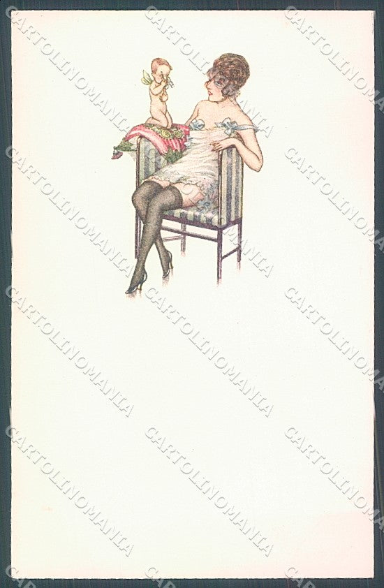 Artist Signed Busi Risque Lady Stocking Cupid Eros serie 2205 postcard HR3620 – fronte