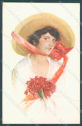 Artist Signed Borgoni Lady Hat Flowers Carnation serie 2085 postcard HR3665 – fronte