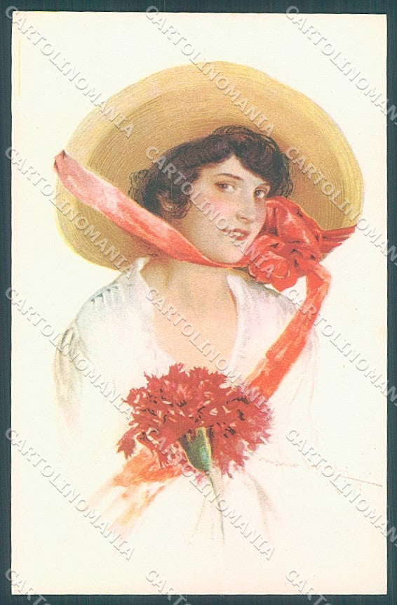 Artist Signed Borgoni Lady Hat Flowers Carnation serie 2085 postcard HR3665 – fronte