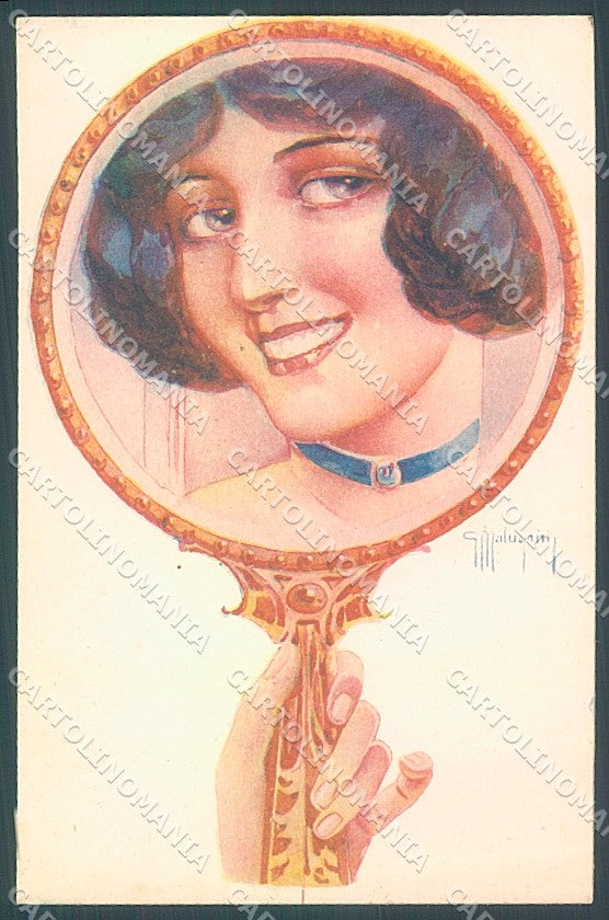 Artist Signed Malugani Glamour Fashion Lady Mirror serie 221-1 postcard HR3711 – fronte
