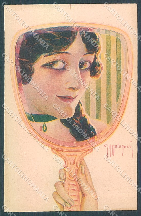 Artist Signed Malugani Glamour Fashion Lady Mirror serie 221-3 postcard HR3713 – fronte